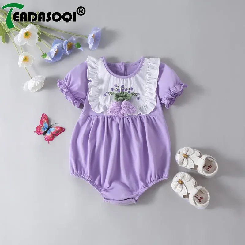 

2024 Summer Bodysuits 유아복 Newborn Baby Girls Short Sleeve Patchwork 3D Flower Jumpsuits Toddler Outwear Infant Kids Rompers 0-2Y