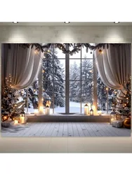 Christmas Fantasy Background - Snow window and Christmas tree, white polyester, suitable for living room and outdoor decoration