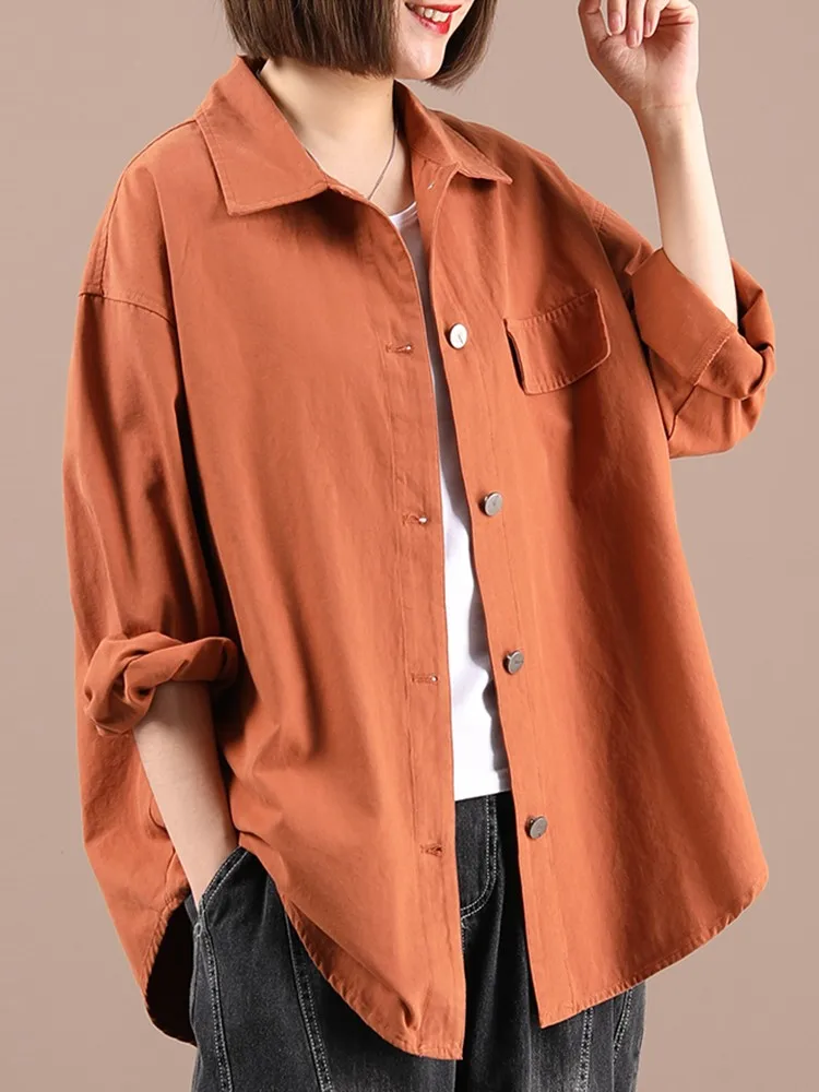 100% Cotton Women Long Sleeve Casual Shirts New Arrival 2022 Autumn Vintage Style Solid Color Loose Female Outerwear B2134