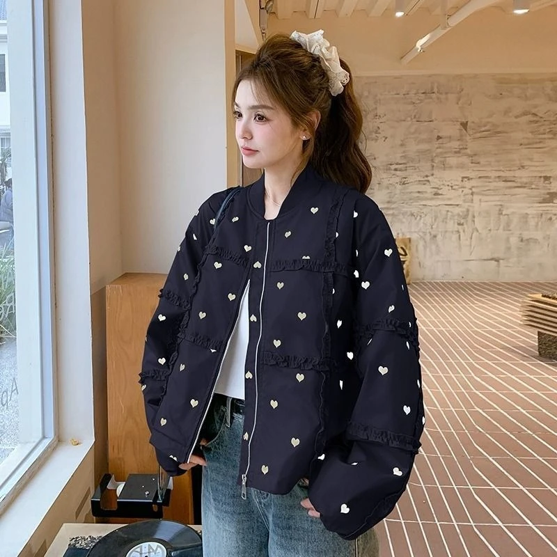 

​ Бейсбольная куртка весна-осень 2024, короткая куртка для девочек, свободное кружевное пальто с сердечками, корейский уличный стиль ​