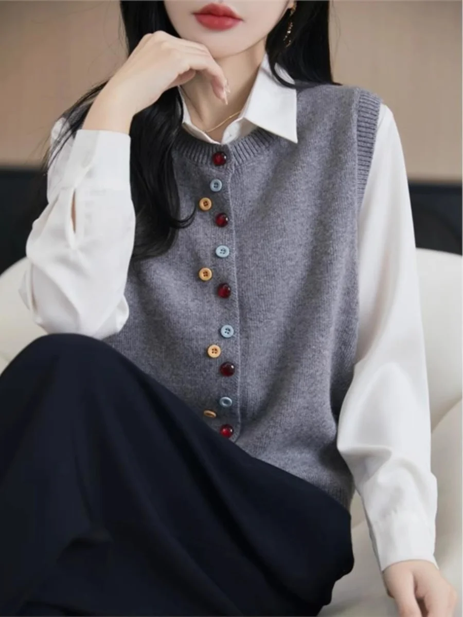 

Весенний вязаный шерстяной жилет-кардиган женский с круглым вырезом, на пуговицах, свободного кроя, для многослойных образов, верхняя одежда