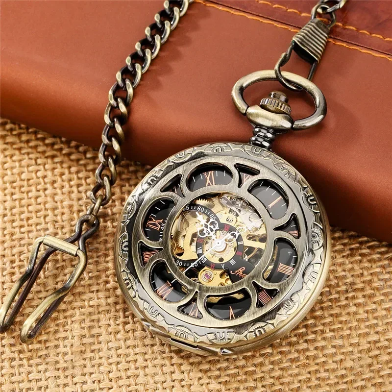 Vintage Style Pocket Watch Hollow Out Case Men's Handwinding Mechanical Watches Roman Numeral FOB Pendant Chain Timepiece Gift