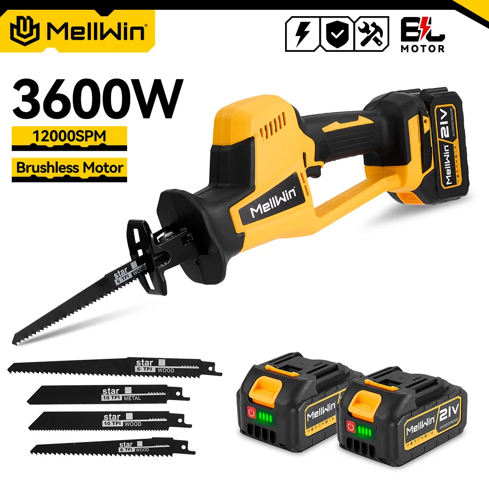 MELLWIN 12000SPM Brushless Electric Reciprocating Saw 3600W Handheld Wood Metal Pipe Cutter Power Tool For Makita 18v Battery