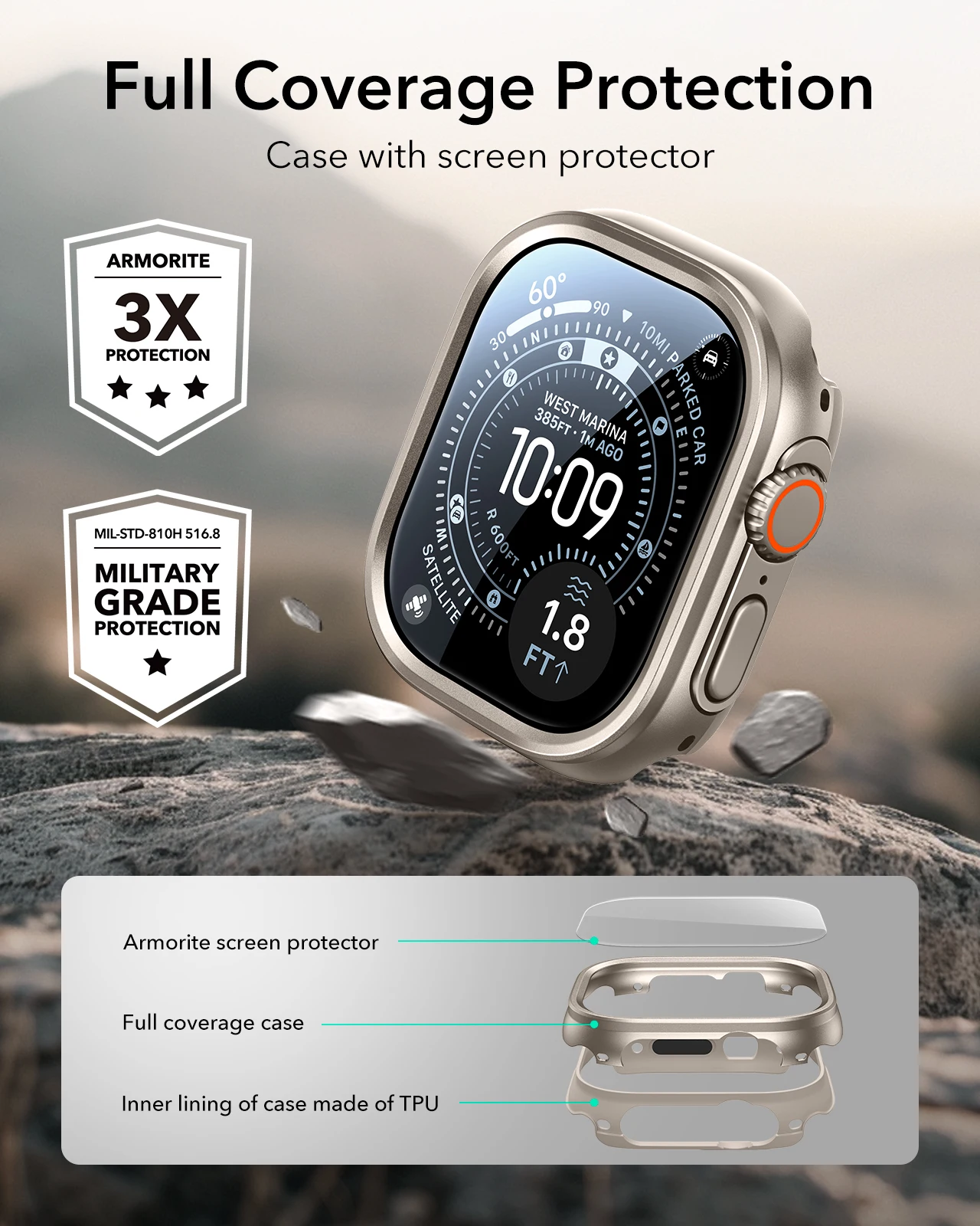 ESR Apple Watch Ultra 4/3/2/Ultra (2026/2025/2024/2023/2022) – obudowa z aluminium o średnicy 49 mm wraz z zestawem 2 sztuk ochronnych szybek Armorite. — zdjęcie produktu 4