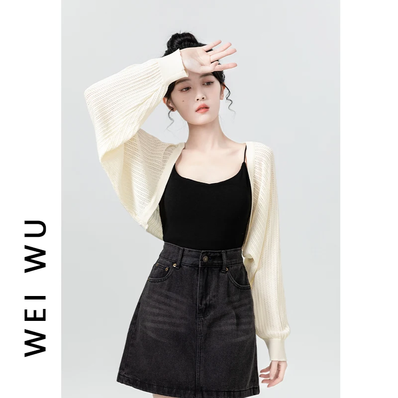 베이지 레이스 니트 가디건 여성 긴팔 여름 2024 신상 크롭 슬리브리스 커버업 자외선 차단 아우터 Y2K 패션