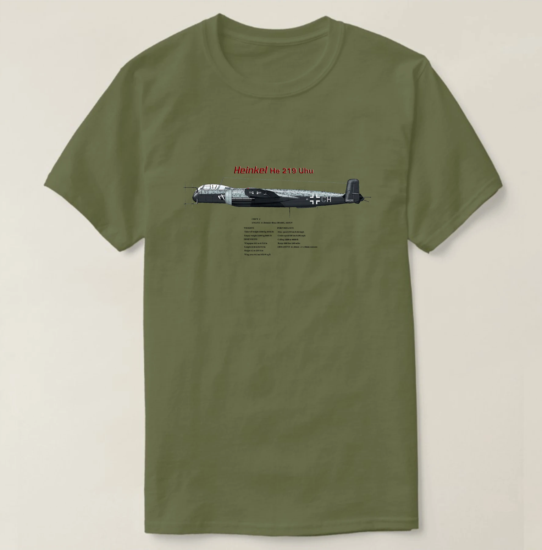 WWII  Heinkel He 219A Uhu "Eagle Owl" Night Fighter T-Shirt Short Sleeve Casual 100% Cotton O-Neck Summer Mens T-shirt