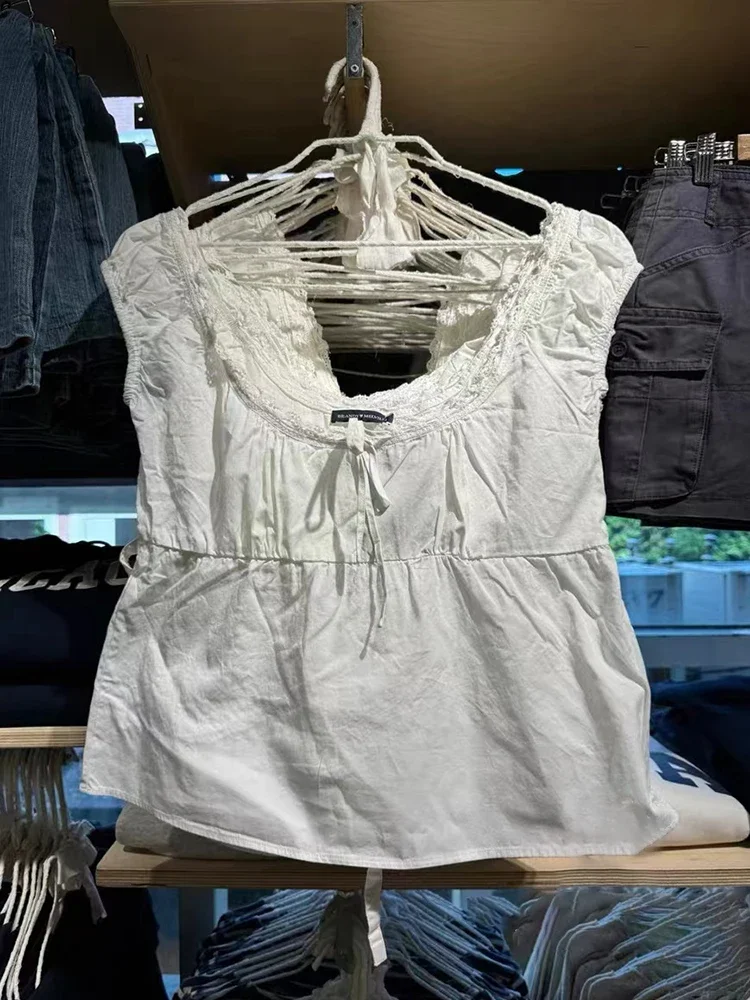 Women Bow Sweet  Lace-up T Shirt 2024 Fashion Summer Collar Short Sleeve T-shirts Vintage Cotton Cute Blouse Tops Y2K image 5