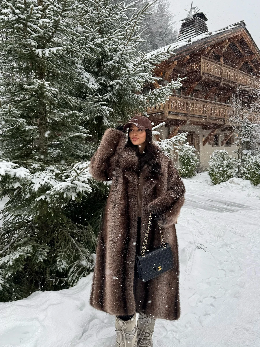 Abrigo largo Maxi de piel sintética de primera calidad con degradado de rayas marrones, abrigo Midi Vintage de lujo con cuello de solapa esponjoso, trajes Slay de estilo Pinterest