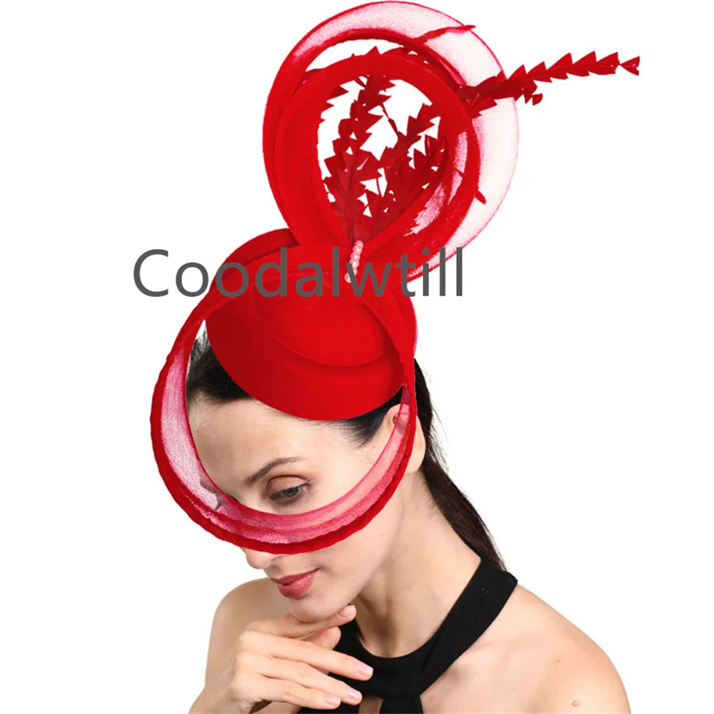 Red Green Fascinator Hat Women Hatinator With Veil And Feathers Pillboox Cap Headband Wedding Derby Occasion Chapeau Cap Femme