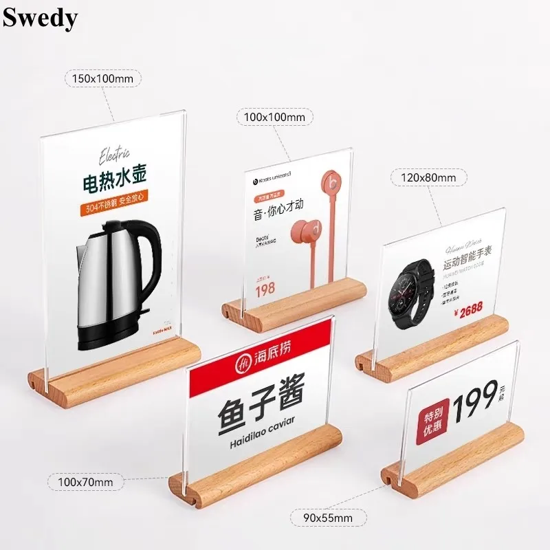 100x70mm T / L Use Wood Price Label Card Tags Table Number Name Card Holder Acrylic Menu Price Sign Holder Display Stand