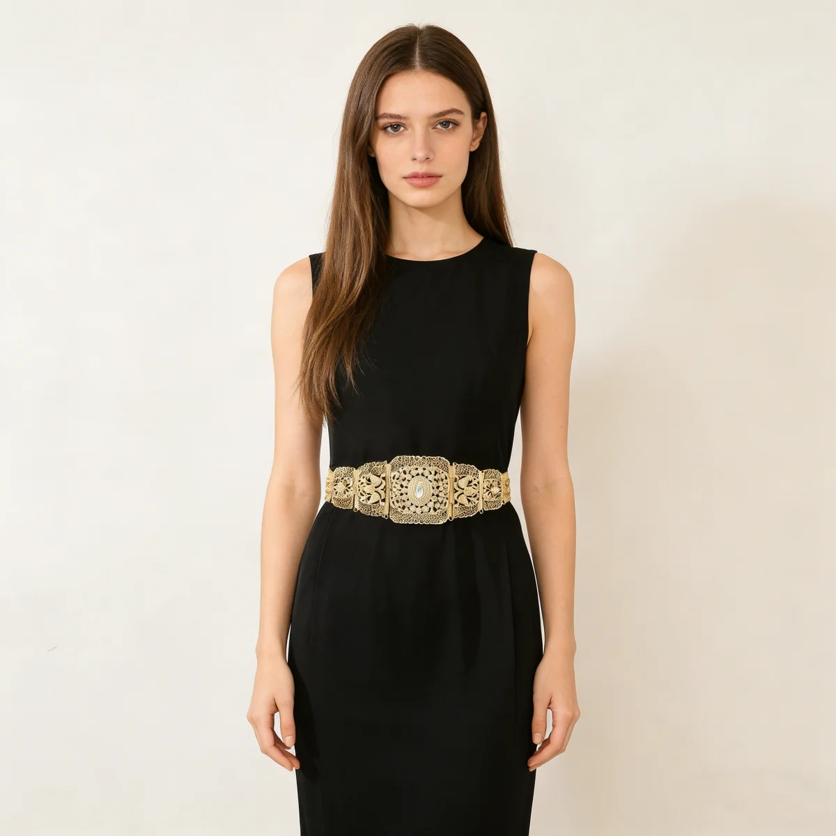 

Роскошный золотой ремень с ажурной инкрустацией, широкий пояс в ретро-стиле, элегантный аксессуар для вечернего платья