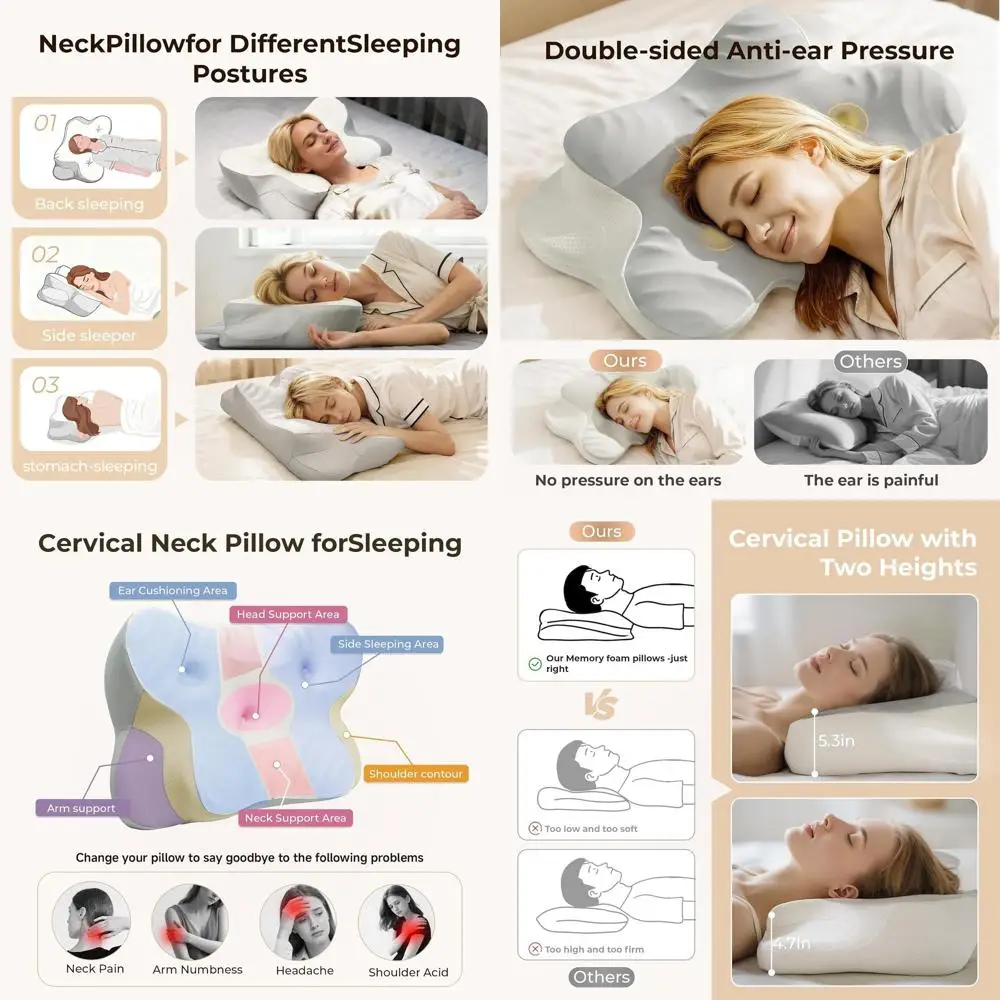 

Эргономичная подушка из пены с эффектом памяти для поддержки шеи и плеч для тех, кто спит на боку и на спине (серая)