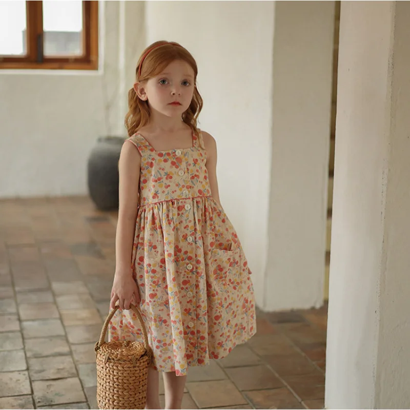 

Girls' Summer Strap Dress Children's Square Neck Printed Tank Dress Wholesale