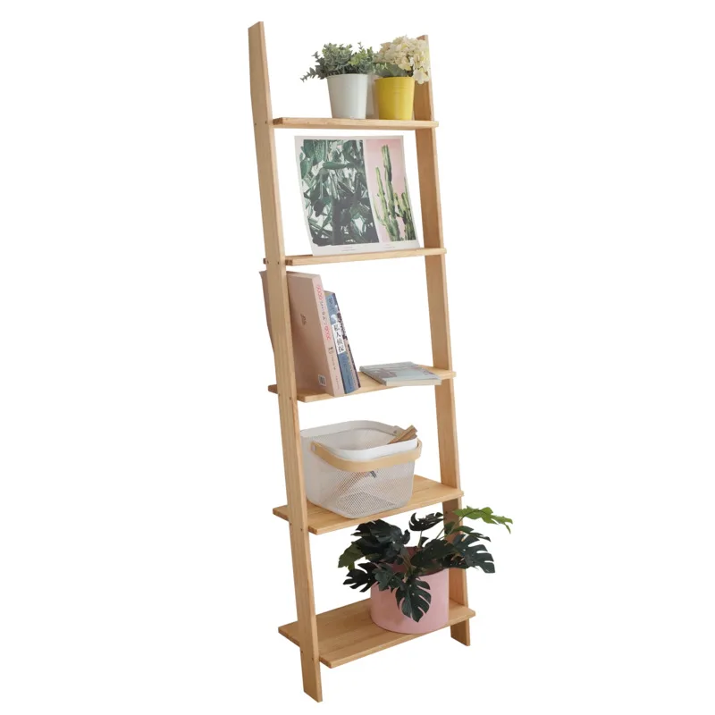 

Nordic solid wood floor trapezoidal shelf against wall Multistory ladder simple flower rack bookshelf shelves organization