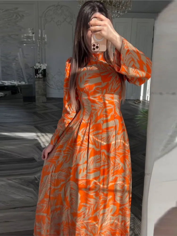 

2025 Autumn Dress Style Fashion Waist Slimming Casual Half High Collar Long Sleeve Big Swing Long Dresses Vestidos Para Mujer