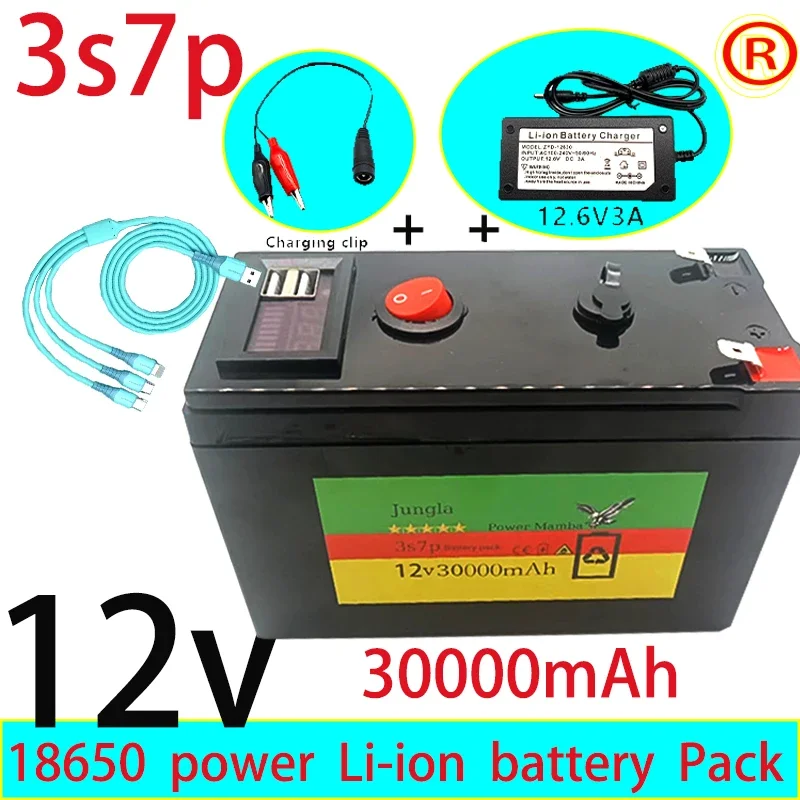 

New 12V 30000mAh 3S7P 18650 Lithium Battery Pack+12.6V 3A Charger, USB Charge Built-in 30Ah High Current BMS, 30ah 12v