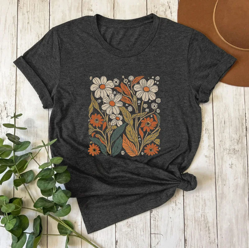 Women Vintage Wildflower T-shirt nspired Boho Retro Flower T Shirts 100% cotton New spring and summer fashion T-shirt top tee