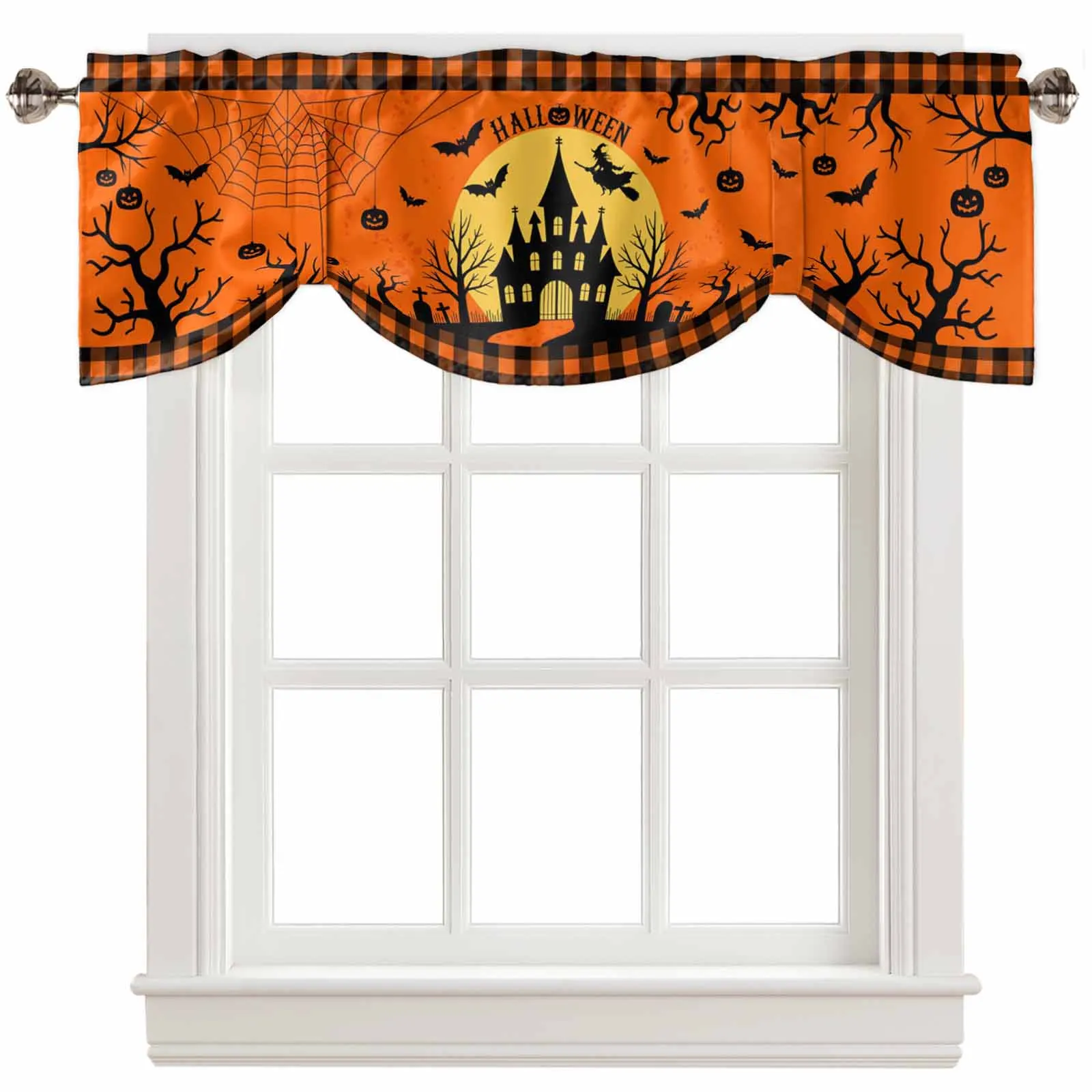 

Halloween Castle Tombstone Plaid Kitchen Curtains Balcony Adjustable Roman Blinds Small Short Curtain for Living Room