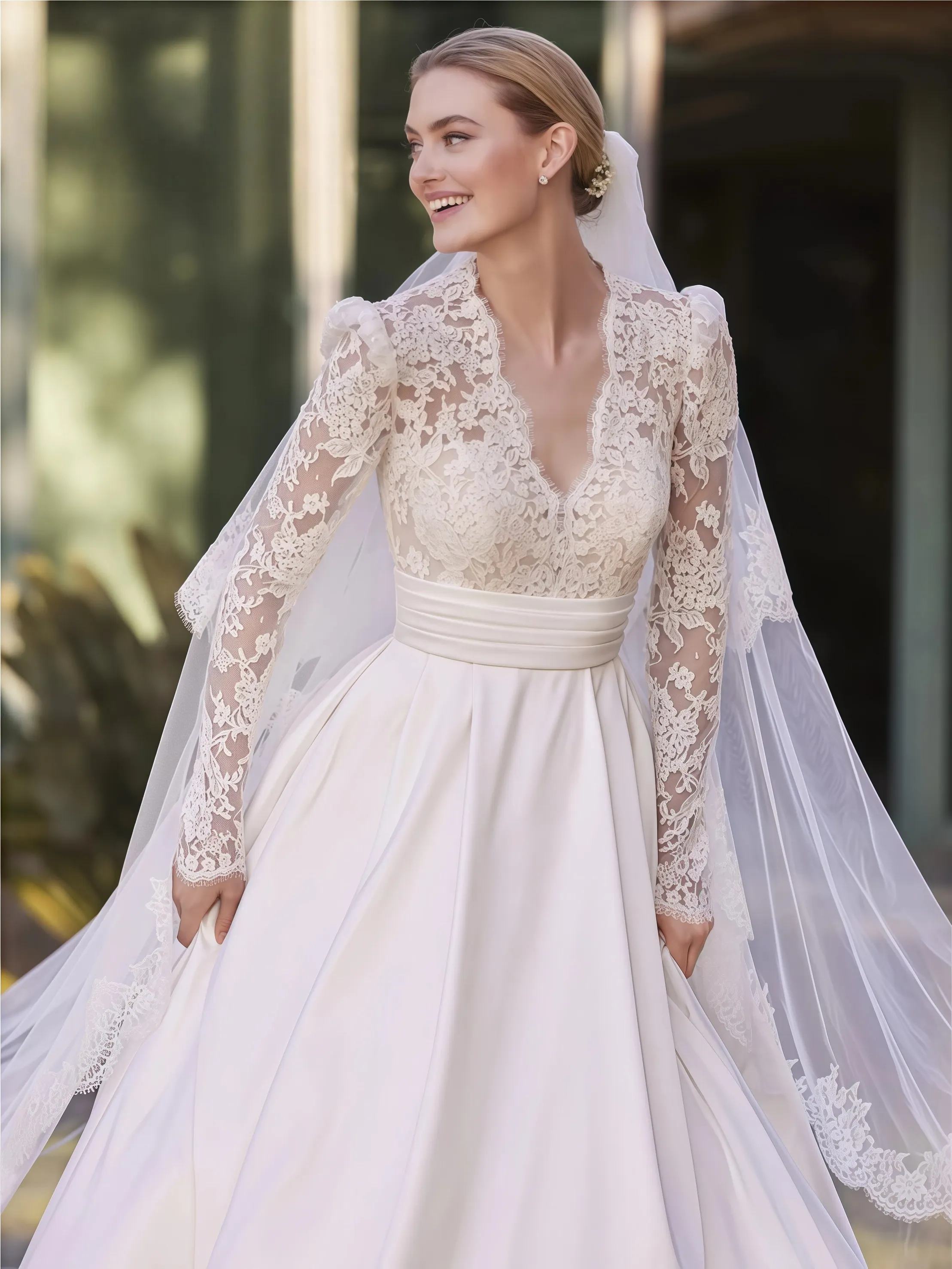 Vestido de fiesta modesto con encaje, vestido de novia personalizado con cuello en V, impresionante ilusión de satén, mangas largas, sin velo