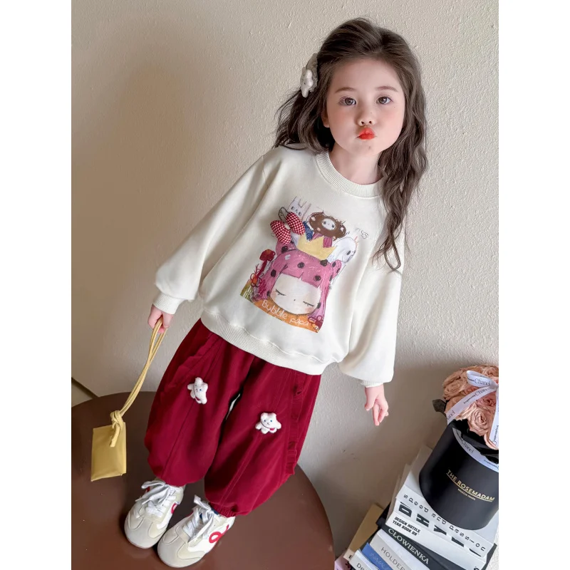 

Girls Cartoon Sweatshirt Set Spring and Autumn25New Fashionable Corduroy Sweatpants Two-Piece Set for Children