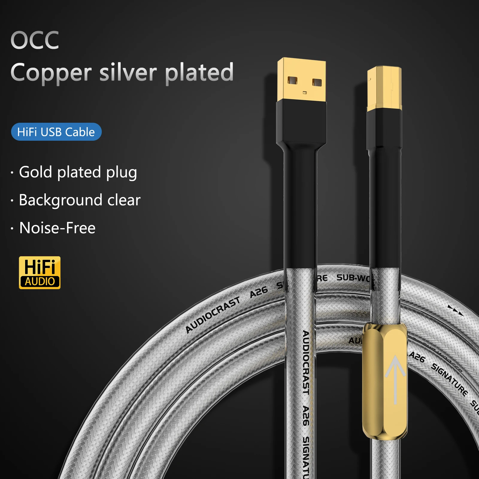 

Audiocrast A26 Silver plated Hifi 6N OCC USB A to B DAC Data USB Cable