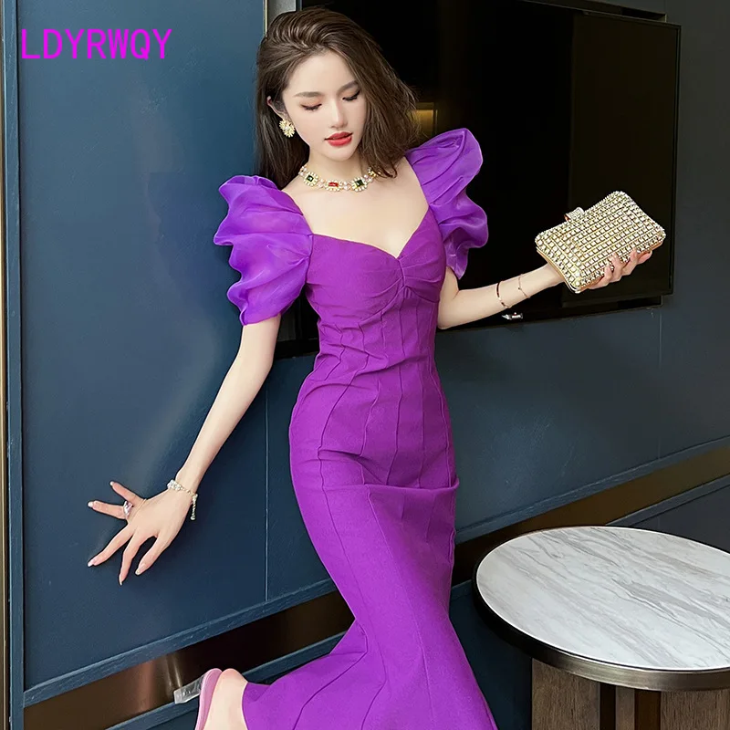 French Vintage Purple V-Neck Over Knee Dress New Bubble Sleeve Slim Fit Fishtail Long Dress