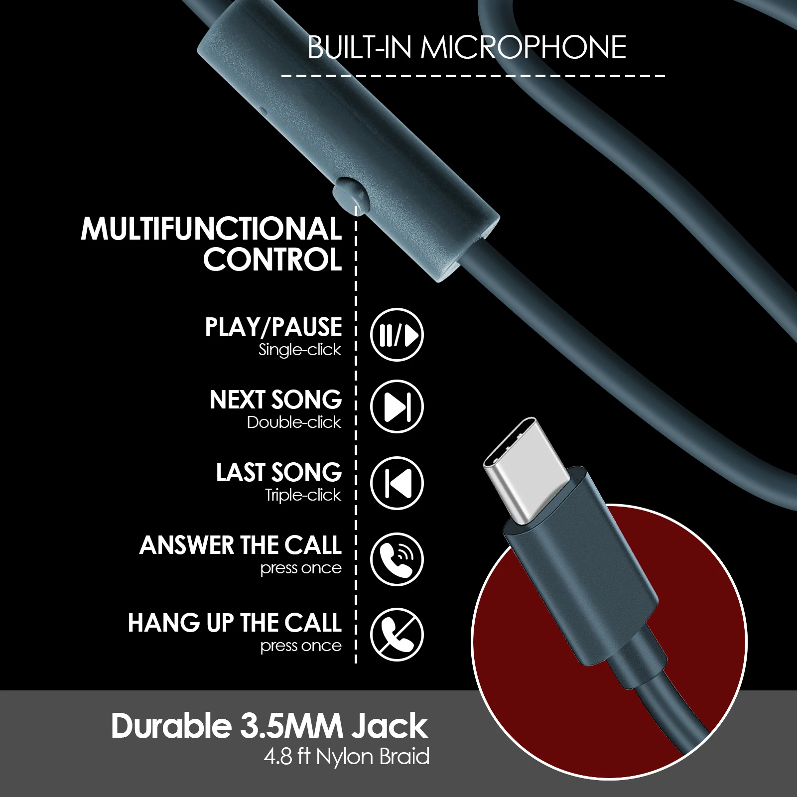 Siindoo หูฟังแบบมีสายพร้อมไมโครโฟนพร้อมสายไนลอนปลอด Kusut 1.45 ม. ปลั๊ก Type C หูฟังแบบมีสายแบบพกพาแบบพับได้สีน้ําเงิน