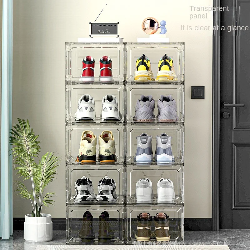 Transparent shoe box, magnetic suction door, thickened plastic storage box, detachable dustproof shoe storage box