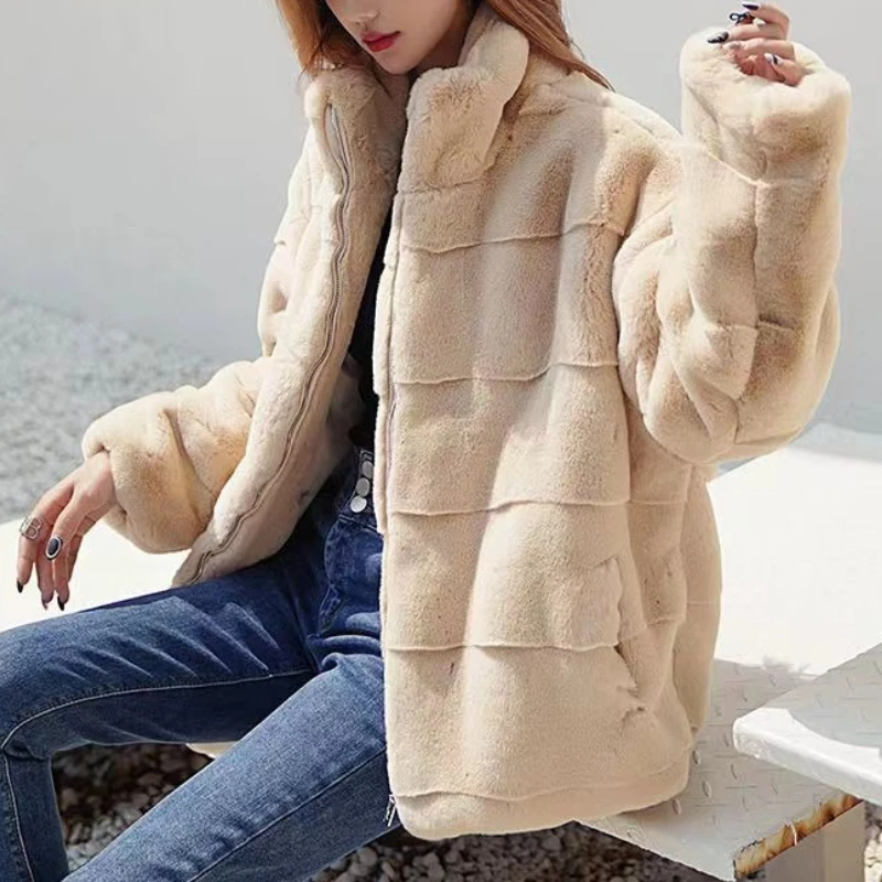 Plush Chic Faux Fur Grid Coat Stand Collar Zip Up Long Sleeve Loose Fit Warm Commute Daily Classic Trendy Versatile Long Coat