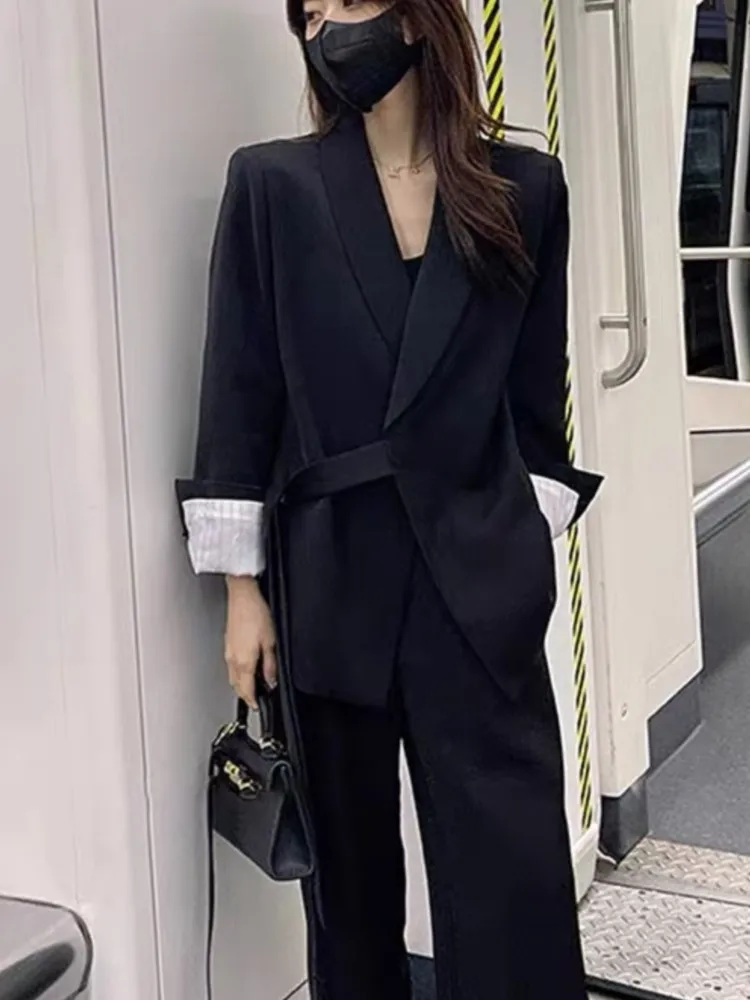 Office Lady Blazer Belt Pant Suits Women's Pantsuit Korean Version Notched Baggy Pants Summer Elegant Euality Chic Women Outfit