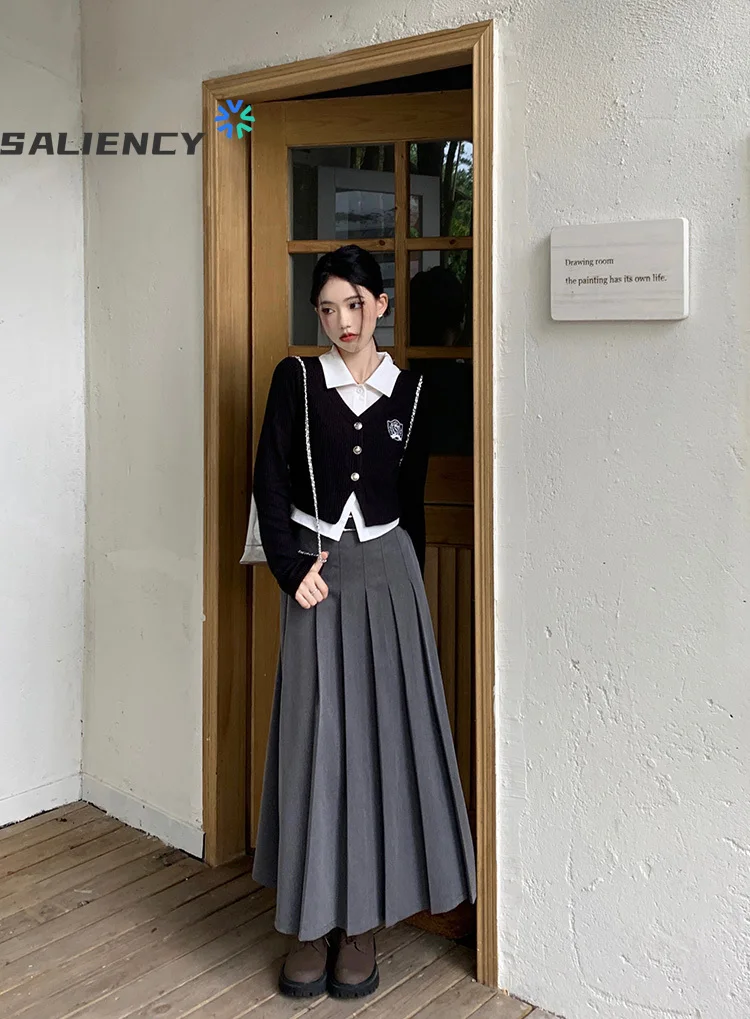 Shirt Stitching Contrast Sweater Blouse Women College Uniform Korean Autumn Spring Pleated Long Skirts Suits Short Knit Top