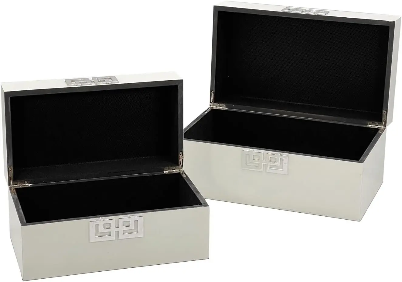 

Set of 2 Decorative Storage Boxes with Hinged Lid, White & Silver, Wooden Organizer for Home & Bedroom