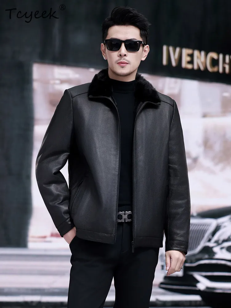 Tcyeek Top Layer Cowhide Genuine Leather Jacket Men Winter Clothes Business Casual Mink Fur Coat Mens Coats Chic Куртка Мужская