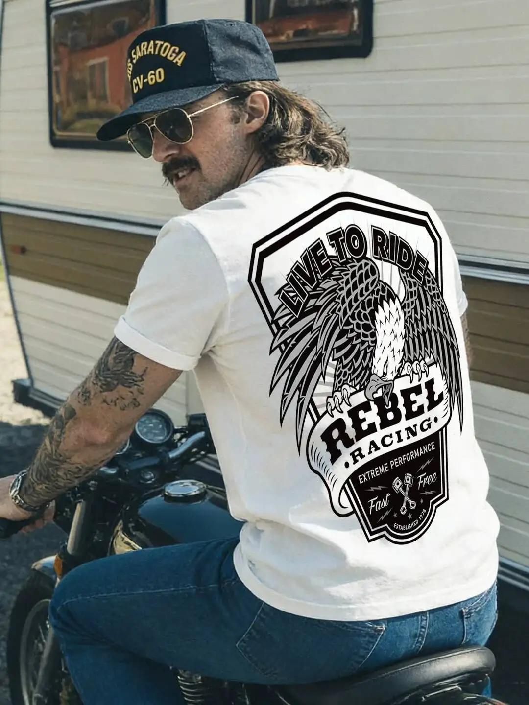 2026 New Heavyweight Cotton Men Short Sleeve Tee Retro Tough Guy Eagle Print Loose T shirt American Motorcycle Style Top Daily