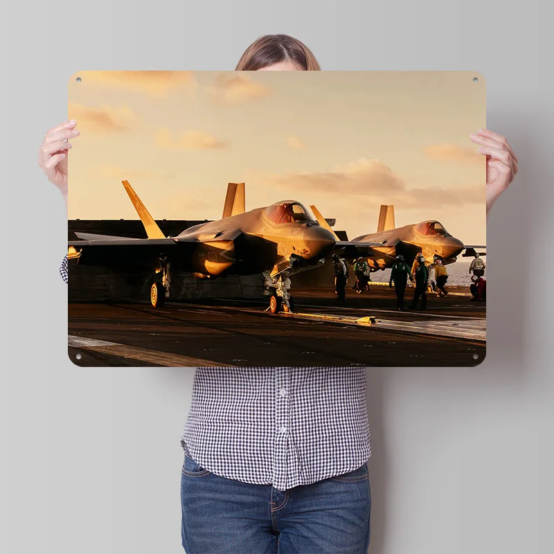 F-35 Lightning II on Aircraft Carrier 3D Texture Metal Poster Customized Wall Art Tin Sign Gift for Mancave Decoration Room Home