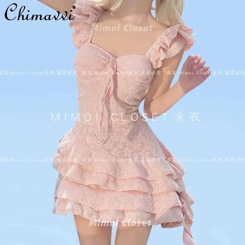 2025 Summer New Cherry Blossom Pink Sexy Pure Desire Girl Skirt Swimsuit Sweet Cute Slim Fit Elegant One-Piece Slimming Swimwear