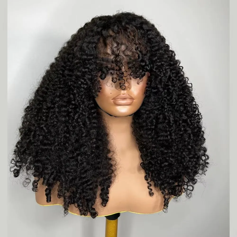 32 Inch Full Made Machine Burmese Curly Wig With Bang 1x3 Lace Human Hair Wig With Bang 250% Density 100% human hair Wig