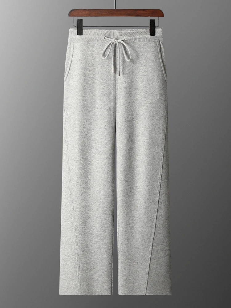 New Men\'s Wool Wide Leg Pants Luxury Cashmere Pants 100% Merino Wool Elastic Waist Trousers Autumn Winter Thick Casual Slacks