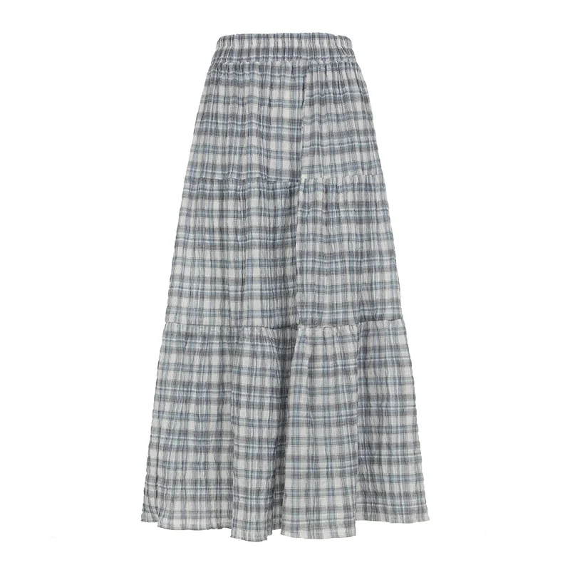 

Синяя клетчатая юбка-миди с эластичной резинкой на талии Художественная асимметричная утягивающая длинная летняя универсальная юбка WEEKEEP для поездок на работу с высокой талией