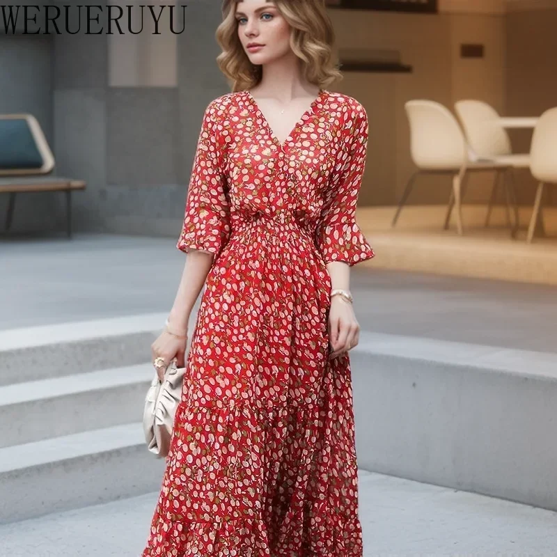 Red Floral Party Long Women Dresses Clothing Flared Short Sleeve Elegant Evening Vintage Fashion Summer Women Chiffon Dress 2024