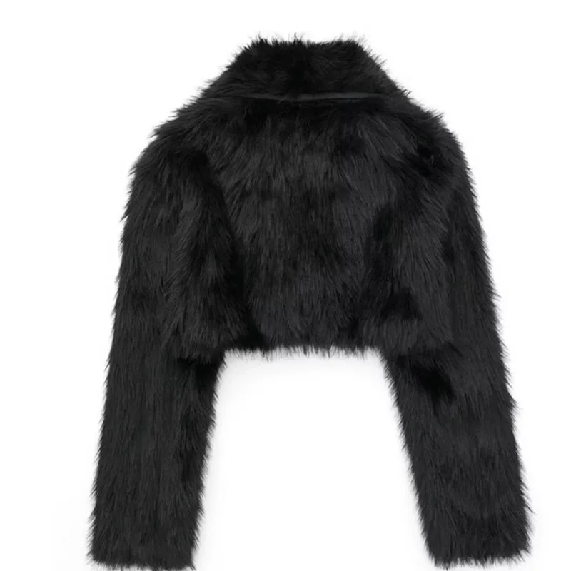 Black Faux Fur Jackets Women Coats Long Sleeve Lapel Collar Warm 2024 Autumn Winter Cropped Outerwears New Fashion Short Jackets