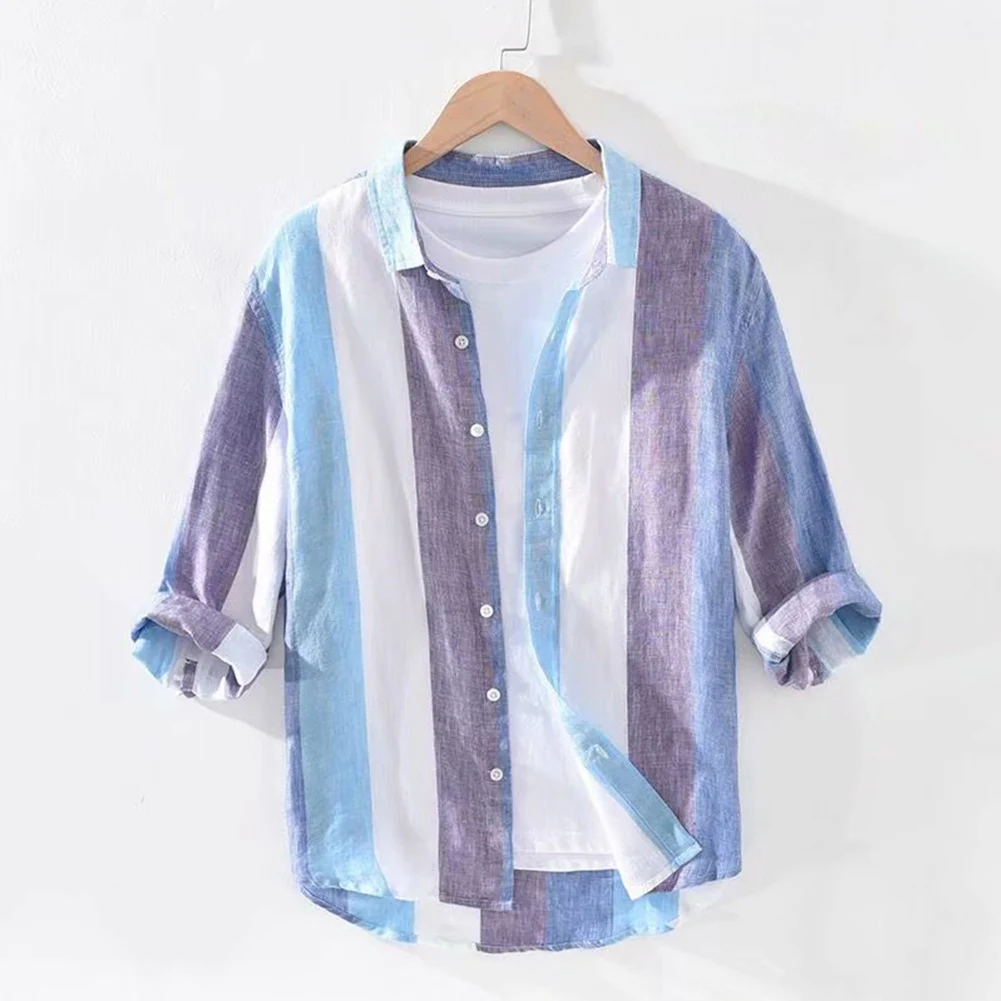 Camisa de lino de manga tres cuartos para hombre, Tops finos sueltos de verano, informal