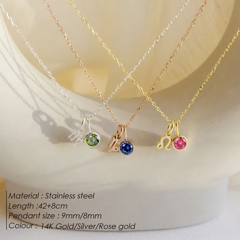 Stainless Steel INS Stainless Steel 14K Gold PVD Plated DIY Zodiac Birthstone Charm Necklace 12Months Horoscope Choker