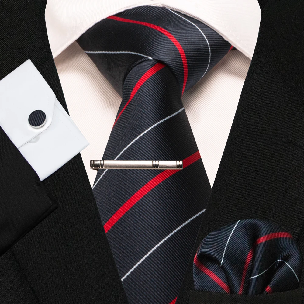 KAMBERFT Neue Klassische Seidenkrawatte für Herren Rot-Gold Gestreift Herrenkrawatte Taschentuch Manschettenknöpfe Set Hochzeit Business Party Gravatas – Detail 29