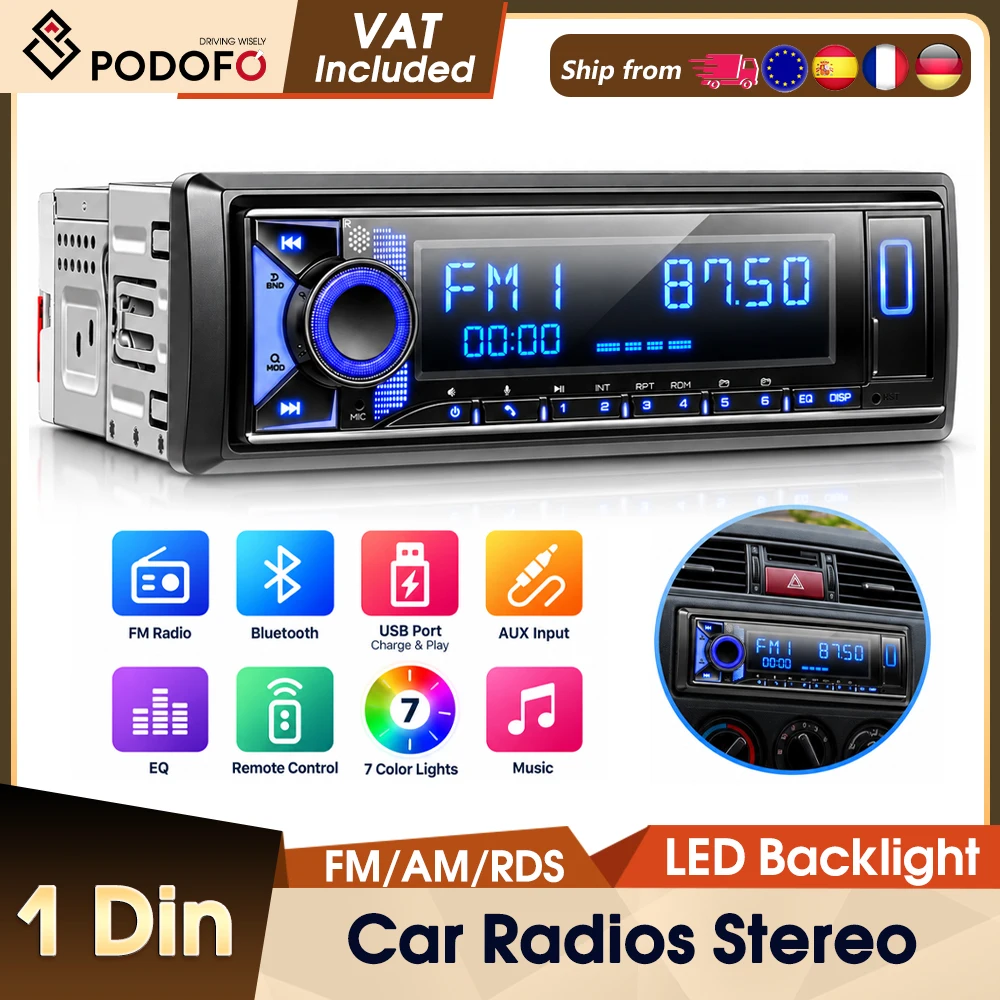 Podofo – samochodowy odtwarzacz MP3 z ekranem LCD, Bluetooth, FM, AM, RDS, ekranem VA, regulacją EQ, portem USB i AUX, podświetleniem LED, wyświetlaczem LCD, 12 V, samochodowe radio stereo.