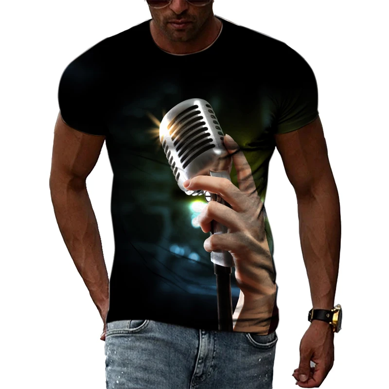 

Summer Fashion Microphone graphic t shirts Trendly Men Casual Personality Hip Hop 3D Printed Round Neck Short Sleeve Tees Tops
