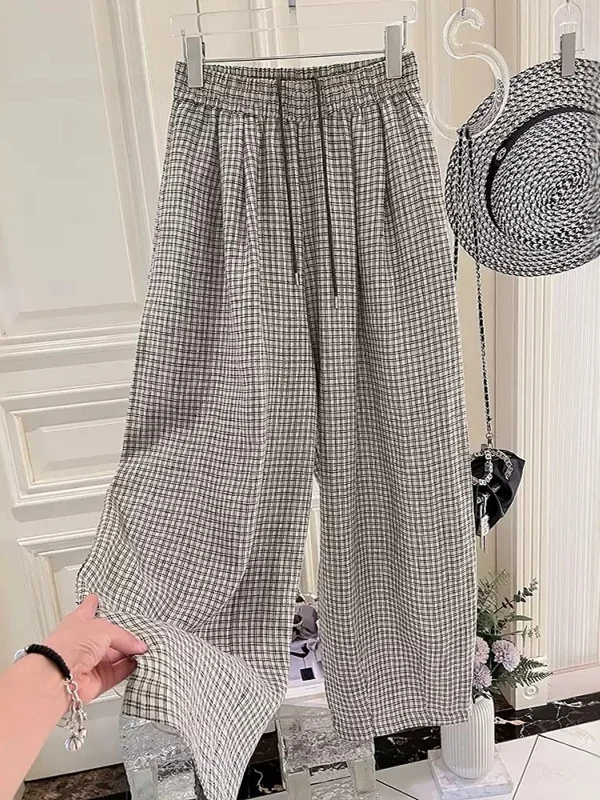 

Повседневные широкие брюки, женские брюки большого размера с высокой талией, льняные клетчатые модные брюки в стиле ретро, летний сезон, повседневная одежда
