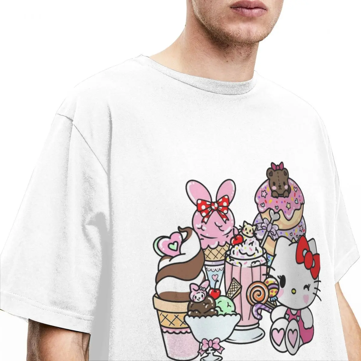 Men T-Shirts Cartoon Hello Kitty Creative Pure Cotton Tees Short Sleeve Cute Cat and Sugar Sweets T Shirts Crewneck Clothing