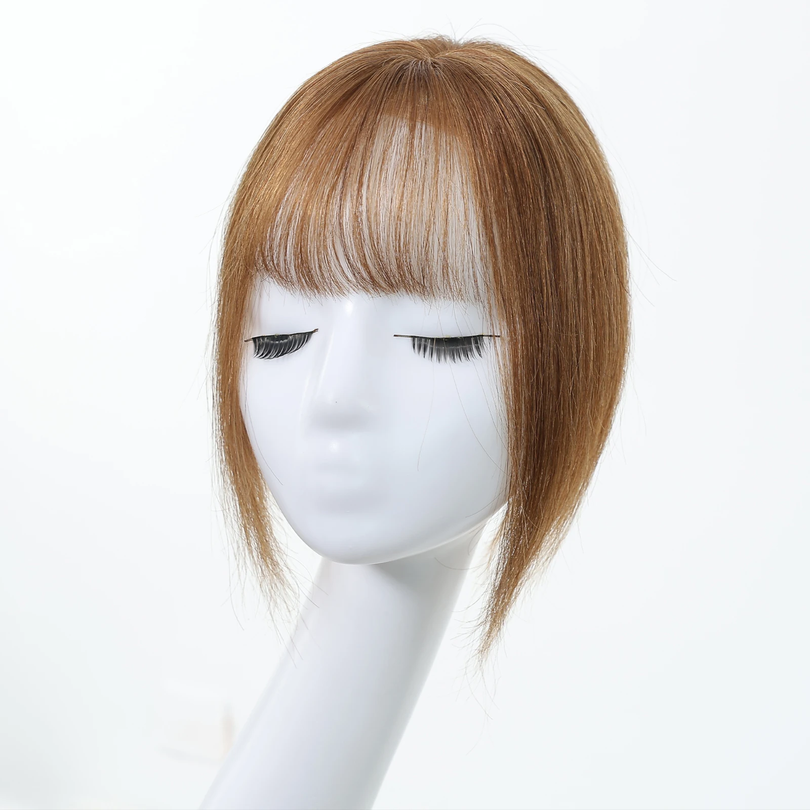 Rambut Asli Remy Warna Cokelat Muda 10 Inci dengan Alas Sutra dan Poni, 3 Jepitan, untuk Wanita, Ekstensi Rambut Asli untuk Penggunaan Sehari-hari