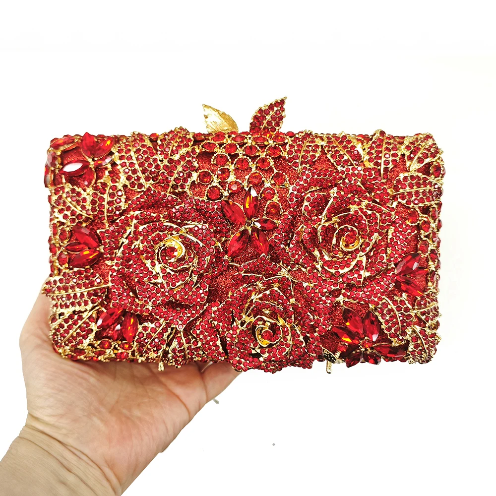 Gold Metal Flower Crystal Clutch Bag Floral Women Rhinestone Evening Bags Wedding Party Gala Dinner Minaudiere Purses Handba